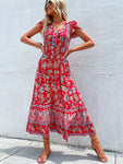 JIM &amp; NORA Vintage Floral Boho Printed Vestidos Women Short Sleeves V Neck Slit Midi Dresses A Line Bohemian Summer Beach Dress