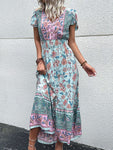 JIM &amp; NORA Vintage Floral Boho Printed Vestidos Women Short Sleeves V Neck Slit Midi Dresses A Line Bohemian Summer Beach Dress